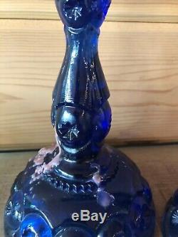Rare L E SMITH COBALT BLUE MOON AND STAR 9 1/4 CANDLESTICKS CANDLE HOLDERS HTF
