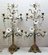 Rare Pair Antique Church Candlestick Candelabra Brass And Opaline Glass Flower