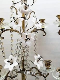 Rare Pair Antique Church Candlestick Candelabra Brass and Opaline Glass Flower