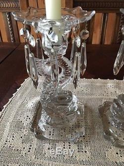 Rare Pair Crystal Dragon Fish Koi Depression Glass Candle Holders & Prisms