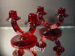 Rare Pair Fostoria Glass Art Deco Radiant Red Duo Candlestick 2447 Elegant Glass