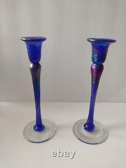 Rare Robert Held 2 Handblown Iridescent Candle Holders Art Glass Signed Canada