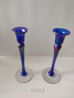 Rare Robert Held 2 Handblown Iridescent Candle Holders Art Glass Signed Canada