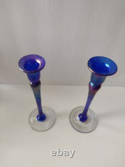 Rare Robert Held 2 Handblown Iridescent Candle Holders Art Glass Signed Canada