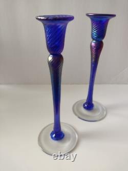 Rare Robert Held 2 Handblown Iridescent Candle Holders Art Glass Signed Canada