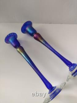 Rare Robert Held 2 Handblown Iridescent Candle Holders Art Glass Signed Canada