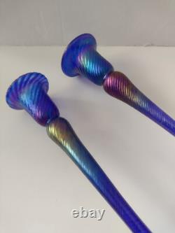 Rare Robert Held 2 Handblown Iridescent Candle Holders Art Glass Signed Canada