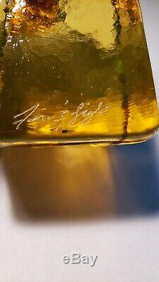 Rare Signed Fire And Light Recycled Glass Candle Holder Pair yellowithgold