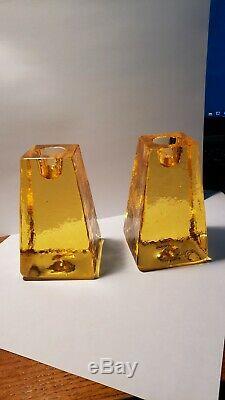 Rare Signed Fire And Light Recycled Glass Candle Holder Pair yellowithgold