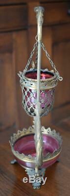 Rare! Victorian Era Gilt Bronze Cranberry Glass Fairy Lamp Fairy Light Potpourri