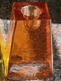 Rare Vintage FIRE & LIGHT Candle Holders Recycled Studio Art Glass Signed