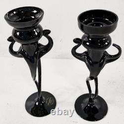 Rare Vintage MCM Makora Poland Elegant Black Figural Glass Candle Holders (2)