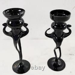 Rare Vintage MCM Makora Poland Elegant Black Figural Glass Candle Holders (2)