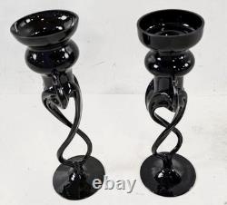 Rare Vintage MCM Makora Poland Elegant Black Figural Glass Candle Holders (2)