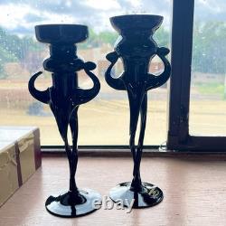 Rare Vintage MCM Makora Poland Elegant Black Figural Glass Candle Holders (2)