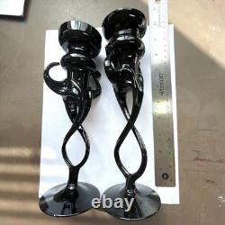Rare Vintage MCM Makora Poland Elegant Black Figural Glass Candle Holders (2)