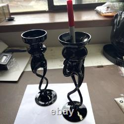 Rare Vintage MCM Makora Poland Elegant Black Figural Glass Candle Holders (2)