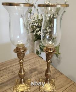 Rare Vintage Tall Square Brass Hurricane Candle Holder Handblown Glass MCM 18