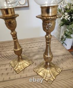 Rare Vintage Tall Square Brass Hurricane Candle Holder Handblown Glass MCM 18