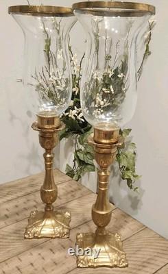 Rare Vintage Tall Square Brass Hurricane Candle Holder Handblown Glass MCM 18