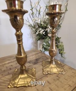 Rare Vintage Tall Square Brass Hurricane Candle Holder Handblown Glass MCM 18