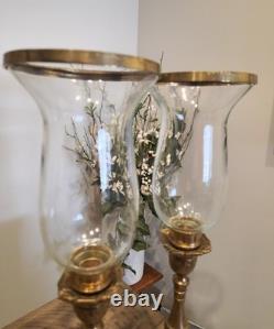 Rare Vintage Tall Square Brass Hurricane Candle Holder Handblown Glass MCM 18