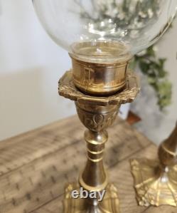Rare Vintage Tall Square Brass Hurricane Candle Holder Handblown Glass MCM 18