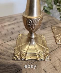 Rare Vintage Tall Square Brass Hurricane Candle Holder Handblown Glass MCM 18