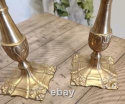 Rare Vintage Tall Square Brass Hurricane Candle Holder Handblown Glass MCM 18