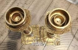 Rare Vintage Tall Square Brass Hurricane Candle Holder Handblown Glass MCM 18