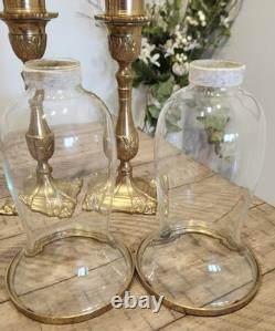 Rare Vintage Tall Square Brass Hurricane Candle Holder Handblown Glass MCM 18