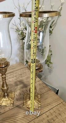 Rare Vintage Tall Square Brass Hurricane Candle Holder Handblown Glass MCM 18