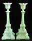 Rare Beautiful Pair Of Jadeite Art Glass French Eiffel Tower Candlesticks