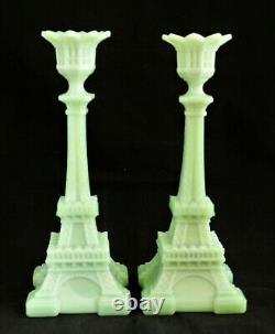 Rare beautiful Pair of Jadeite Art Glass French Eiffel Tower Candlesticks