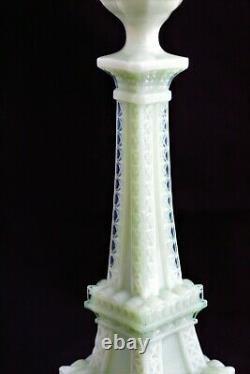 Rare beautiful Pair of Jadeite Art Glass French Eiffel Tower Candlesticks