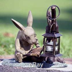Reading Bunny Rabbit Garden Candle Holder Lantern Book Lover Statue Candleholder