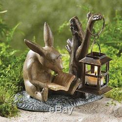 Reading Bunny Rabbit Garden Candle Holder Lantern Book Lover Statue Candleholder