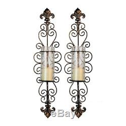 Ready to Mount Wall Candle Holder Sconces Crackle Glass Scrolled Metal Bronze