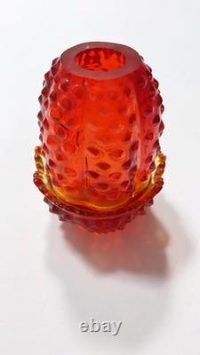 Red Orange Hobnail Art Glass Candle Holder Glossy Finish Decorative Two Piece