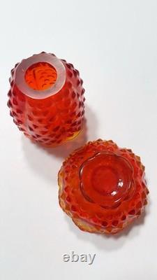 Red Orange Hobnail Art Glass Candle Holder Glossy Finish Decorative Two Piece