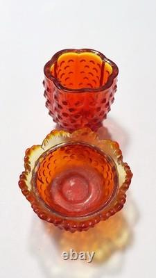 Red Orange Hobnail Art Glass Candle Holder Glossy Finish Decorative Two Piece