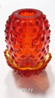 Red Orange Hobnail Art Glass Candle Holder Glossy Finish Decorative Two Piece