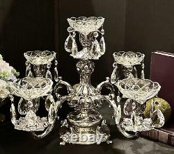 Reed & Barton Silver Plated Epergne / Candle Holder Hanging Crystals Repaired