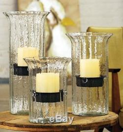 Ribbed Glass Hurricane Candle Holder Set Candleholders Decor Metal Inserts Set/3