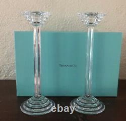 Riedel Tiffany & Co Pair Crystal Candlesticks Art Deco Modern WithBox EC