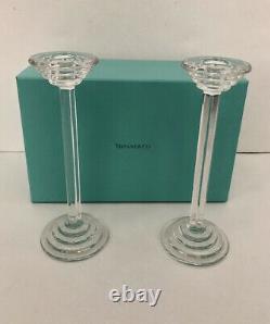 Riedel Tiffany & Co Pair Crystal Candlesticks Art Deco Modern WithBox EC