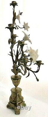 Romantic 19th c. Pair of Brass 9 Arm Floral Candelabras with Milk Glass Flowers