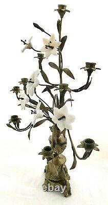Romantic 19th c. Pair of Brass 9 Arm Floral Candelabras with Milk Glass Flowers