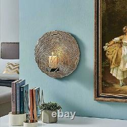 Round Glam Gold Wall Candle Sconce Textured Metal Hurricane Glass Votive Holder