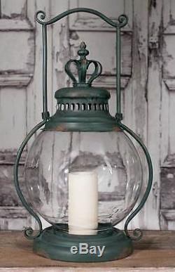 Rustic Primitive Large Crown Candle Holder Lantern Hurricane Glass Antique Green